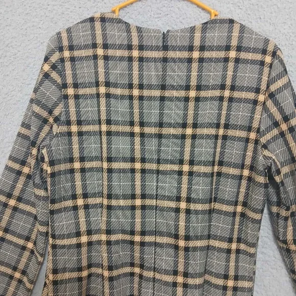 H&M Mod Plaid Long Sleeve Mini Shift Dress Size M Academia Old Money Neutral - Picture 9 of 14